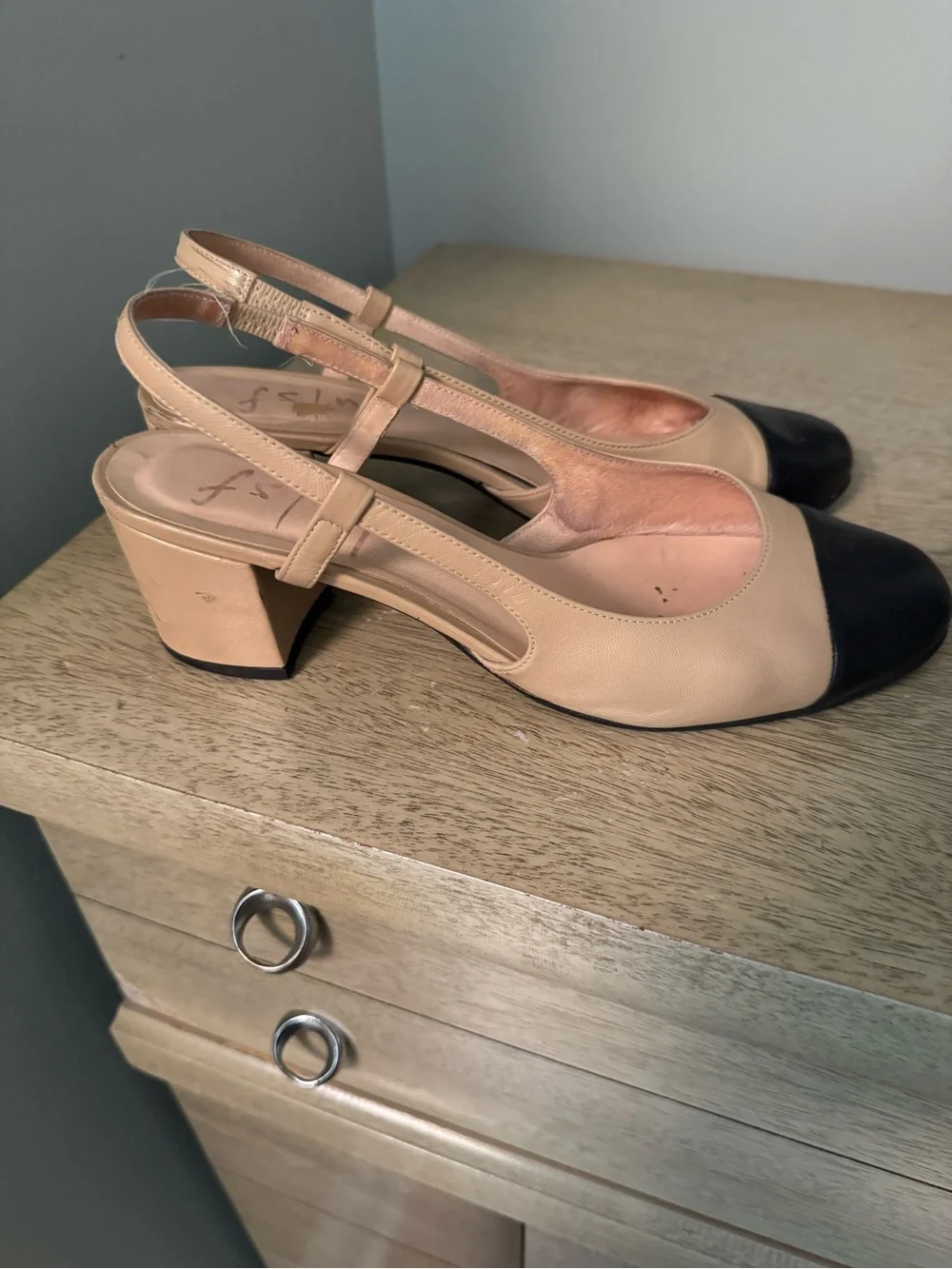 French Sole Nude and Black Cap-Toe Slingback Heels